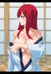  1girl absurdres artist_name bare_shoulders blush breasts brown_eyes cleavage collarbone covering covering_breasts erza_scarlet fairy_tail gaston18 highres large_breasts long_hair looking_to_the_side red_hair solo upper_body watermark 