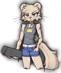  2020 absurd_res angry anthro black_nose bottomwear chest_tuft clothing domestic_ferret female fur hi_res looking_at_viewer mammal mustela mustelid musteline shirt shorts simple_background skateboard solo tan_body tan_fur tank_top topwear tuft waffl3sk4t whiskers white_background 