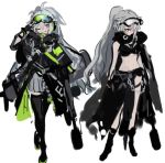  2017 2girls :d ahoge bag black-framed_eyewear black_bra black_footwear black_jacket black_legwear black_neckwear bra character_request duffel_bag girls_frontline green-tinted_eyewear grey_hair grey_skirt grin hair_between_eyes hair_flaps holding holding_weapon jacket long_hair looking_at_viewer looking_away looking_down looking_to_the_side midriff multiple_girls neon_trim one_eye_closed open_mouth pleated_skirt ponytail ran_(bukeranwu) red_eyes salute shoulder_bag shoulder_strap simple_background single_sidelock skirt smile thighhighs two-finger_salute underwear wavy_hair weapon white_background white_hair yellow_eyes zettai_ryouiki 