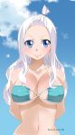  1girl absurdres arms_behind_back artist_name bikini blue_eyes blush breasts cleavage cloud collarbone day fairy_tail gaston18 highres large_breasts long_hair looking_at_viewer navel outdoors sky smile solo standing swimsuit upper_body watermark white_hair 