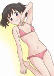  1girl arm_up bangs bikini black_hair blush commentary_request embarrassed flat_chest kuraue_hinata looking_at_viewer meis_(terameisu) navel pink_bikini purple_eyes side-tie_bikini solo stomach swimsuit twintails yama_no_susume 