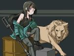  1girl 1other adrian_ferrer black_gloves black_hair black_tank_top commentary drum_(container) english_commentary fate_(series) fingerless_gloves flat_chest gloves green_jacket grey_background grey_pants hair_ribbon isokaze_(kantai_collection) jacket kantai_collection kawasumi_ayako lion long_hair pants polearm red_eyes ribbon seiyuu_connection sitting tank_top tress_ribbon two-tone_background weapon 