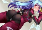  1girl ass back belt blue_hair bodysuit breasts dd_mayohara eyebrows_visible_through_hair gloves ice kula_diamond long_hair looking_at_viewer medium_breasts purple_eyes simple_background the_king_of_fighters 