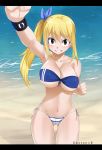  1girl absurdres armpits artist_name beach bikini blonde_hair breasts brown_eyes cleavage collarbone covered_nipples cowboy_shot eyebrows_visible_through_hair fairy_tail gaston18 hair_between_eyes highres large_breasts long_hair looking_at_viewer lucy_heartfilia navel sand side_ponytail solo standing stomach swimsuit teeth water watermark wristband 