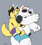  2020 anthro belly black_body black_fur blush canid canine canis clothing cuddling domestic_dog duo eyes_closed fur giant_panda hug hugging_from_behind hybrid male male/male mammal overweight overweight_male thepandobo underwear ursid white_body white_fur wolf 