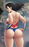  ass back black_hair bracelet breasts city dc_comics diana_prince earrings flowerxl hands_on_hips jewelry justice_league large_breasts leotard looking_at_viewer looking_back solo star_(symbol) star_print thick_thighs thighs thong_leotard tiara torso_grab wind wonder_woman 
