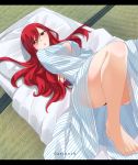  1girl absurdres artist_name ass barefoot blush breasts brown_eyes cleavage erza_scarlet eyebrows_visible_through_hair eyes_visible_through_hair fairy_tail feet full_body futon gaston18 hair_between_eyes highres large_breasts long_hair looking_at_viewer lying on_back panties pillow red_hair solo underwear watermark 