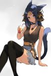  1girl animal_ears arm_rest blue_hair brown_shirt cat_ears collar crossed_legs drink earring_removed facial_mark final_fantasy final_fantasy_xiv grey_skirt hair_ornament heterochromia highres iced_tea jewelry necklace original sakotach sash shirt sitting skirt smile solo tail thighhighs tiara 