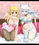  2girls absurdres animal_ears arm_support artist_name bare_shoulders bed bell bell_collar blonde_hair blue_eyes blush breasts brown_eyes cat_ears cat_girl cat_tail cleavage collar eyebrows_visible_through_hair eyes_visible_through_hair fairy_tail full_body gaston18 hair_between_eyes highres kneeling large_breasts leotard lisanna_strauss looking_at_viewer lucy_heartfilia medium_hair multiple_girls on_bed open_mouth pantyhose paw_pose short_hair sleeveless smile tail teeth tongue watermark white_hair wrist_cuffs 