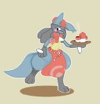  1:1 2020 ambiguous_gender anthro black_body blue_body blue_fur blush cafe clothing colored digital_media_(artwork) fur hat headgear headwear lucario lucavia_(artist) nintendo open_mouth plate pok&eacute;mon pok&eacute;mon_(species) scarf simple_background smile solo spike_(disambiguation) suit video_games waiter yellow_body yellow_fur 