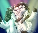  absurd_res anthro arctic_wolf armpit_hair balls biceps black_body black_fur black_hair bodily_fluids body_hair butt canid canine canis chest_tuft erection eyes_closed french_kissing fur genitals green_eyes group hair haku_hyogaki hakuhyogaki heterochromia hi_res horn humanoid_genitalia humanoid_penis kissing looking_at_viewer male male/male mammal muscular muscular_male nude open_mouth penis red_eyes sex simple_background smile sweat tongue tongue_out tuft uncut white_body white_fur wolf 