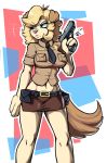  2020 absurd_res angry anthro belt belt_pouch blonde_hair bottomwear breasts canid canine canis clothing domestic_dog female green_eyes gun hair hi_res holding_gun holding_object holding_weapon looking_aside mammal necktie police_officer police_uniform ranged_weapon shorts simple_background solo tan_body uniform waffl3sk4t weapon 