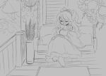  2019 accessory amelie_(jinx_doodle) anthro big_breasts breasts clothed clothing crossed_legs detailed_background dress eyelashes eyes_closed eyewear felid feline female flower frilly front_view furniture glasses greyscale hair hair_accessory happy jinx_doodle long_hair mammal monochrome outside pillow plant porch rug sitting sketch smile sofa solo 