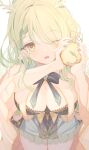  1girl arms_up bangs bare_legs bending_backward braid breasts ceres_fauna cleavage earrings green_hair holding holly_(ruptonotty) hololive hololive_english horns jewelry large_breasts looking_at_viewer one_eye_closed open_mouth teeth wavy_hair yellow_eyes 