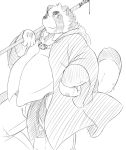  2016 anthro baru_x2 bottomwear canid canine clothing humanoid_hands male mammal monochrome overweight overweight_male pants raccoon_dog shirt simple_background solo tanuki topwear white_background 
