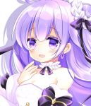  1girl :d azur_lane bangs bare_shoulders black_bow blush bow breasts cleavage dress drop_shadow earrings eyebrows_visible_through_hair hair_between_eyes hair_bow hair_bun hand_up highres jewelry long_hair long_sleeves medium_breasts open_mouth puffy_long_sleeves puffy_sleeves purple_eyes purple_hair shikito side_bun sleeves_past_wrists smile solo strapless strapless_dress unicorn_(azur_lane) upper_body white_background white_dress 