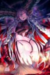  1girl ass blue_hair breasts clip_studio_paint_(medium) commentary_request david_lee fate/grand_order fate_(series) highres horns large_breasts long_hair long_horns long_sleeves looking_back midriff open_mouth photoshop_(medium) pink_eyes sharp_teeth solo symbol-shaped_pupils teeth tiamat_(fate/grand_order) very_long_hair x_x 