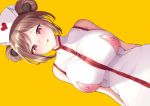  anthropomorphism breasts brown_hair dearonnus dress girls_frontline headdress nipples no_bra nurse p90_(girls_frontline) red_eyes short_hair yellow 