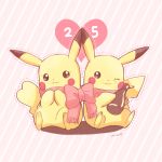 1boy 1girl bottle bow clothed_pokemon couple gen_1_pokemon holding holding_bottle looking_away mei_(maysroom) one_eye_closed outline pikachu pink_background pokemon scarf shared_scarf sitting striped striped_background tagme touching_ears 