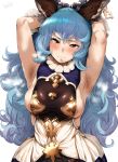  1girl absurdres animal_ears areola_slip areolae armpits arms_behind_head arms_up backless_dress backless_outfit bangs blue_hair blush breasts bunny_ears closed_mouth commentary_request dress erune ferry_(granblue_fantasy) frilled_gloves frills gloves granblue_fantasy hero_neisan highres jewelry long_hair looking_at_viewer medium_breasts sideboob sideless_outfit single_earring sweat wavy_hair yellow_eyes 