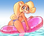  2020 4_fingers activision anthro bandicoot bikini blonde_hair breasts butt clothing coco_bandicoot crash_bandicoot_(series) female fingers green_eyes hair inflatable long_hair mammal marsupial open_mouth open_smile partially_submerged ponytail pool_toy smile solo swimwear under_boob video_games wamudraws water 