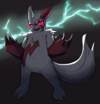  2020 absurd_res ambiguous_gender angry chest_tuft claws fur hi_res lightning nintendo open_mouth pok&eacute;mon pok&eacute;mon_(species) red_sclera sharp_teeth simple_background solo standing teeth tuft video_games waffl3sk4t white_body white_fur zangoose 