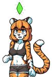  2019 absurd_res anthro black_nose blue_eyes bottomwear breasts clothing felid female hair hi_res looking_up mammal navel nipple_outline open_mouth pantherine shirt short_hair shorts simple_background solo stripes surprise tank_top tiger topwear waffl3sk4t white_background 