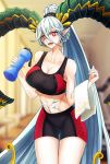  1girl abs absurdres alternate_costume alternate_hairstyle bike_shorts black_shorts black_sports_bra blue_hair blurry blurry_background bottle breasts casul cleavage collarbone english_commentary fangs fate/grand_order fate_(series) hair_between_eyes hair_ornament highres holding holding_bottle horns huge_filesize large_breasts long_hair long_horns long_ponytail navel open_mouth ponytail red_eyes red_shorts sharp_teeth shorts solo sports_bra stomach_tattoo symbol-shaped_pupils tattoo teeth thigh_gap tiamat_(fate/grand_order) towel_on_arm two-tone_bra two-tone_shorts very_long_hair water_bottle x_x 