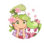  1girl alternate_costume closed_eyes dark_skin falling_petals flower gen_7_pokemon green_eyes green_hair hair_flower hair_ornament japanese_clothes kimono mao_(pokemon) mei_(maysroom) on_head pink_eyes pokemon pokemon_(creature) pokemon_on_head tagme tareme tsareena 