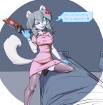  2020 absurd_res anthro bed blue_eyes clothing dialogue doctor english_text female furniture hair hi_res legwear machine mammal melee_weapon mink mustelid musteline one_eye_closed purity_(theblackhex) robot silver_hair smile solo stockings text ubersaw waffl3sk4t weapon 