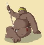  2017 anthro asian_clothing baru_x2 brown_body brown_fur clothing east_asian_clothing fundoshi fur humanoid_hands japanese_clothing kemono male mammal overweight overweight_male simple_background sitting solo underwear ursid weapon 