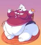  2019 anthro belly belly_overhang big_belly big_breasts big_butt boss_monster bottomwear bovid breasts butt caprine clothing eating eyewear female food fur glasses goat hi_res hotpants huge_butt hyper hyper_belly mammal mature_female morbidly_obese morbidly_obese_female navel obese obese_female onomatopoeia overweight overweight_female pie plate psydoux rocking_chair rug shorts sitting solo sound_effects text thick_thighs toriel torn_clothing turtleneck undertale video_games weight_gain white_body white_fur wide_hips 