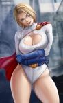  1girl belt blonde_hair blue_gloves breasts cape city dc_comics flowerxl gloves large_breasts leotard long_sleeves looking_at_viewer one_eye_covered open_clothes power_girl red_cape short_hair smile solo thick_thighs thighs white_leotard 