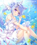  1girl air_bubble ameto_yuki animal animal_ear_fluff animal_ears artist_name bare_shoulders blue_hair breasts bubble commentary_request coral day double_bun dress fish fox_ears hair_ornament hair_ribbon hand_up highres knees_up long_hair looking_at_viewer medium_breasts off-shoulder_dress off_shoulder original outdoors parted_lips purple_eyes ribbon solo starfish_hair_ornament twintails underwater very_long_hair white_dress white_ribbon 