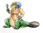  2020 2_heads 3_toes 4_fingers ambiguous_gender anthro belt_buckle cervelet clothing colored conjoined crocodile crocodilian crocodylid detective duo featureless_crotch fingers hat headgear headwear hybrid jacket looking_back looking_down magnifying_glass mammal monotreme multi_head platypus reptile scaled_underbelly scalie toes topwear 