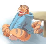  2015 anthro baru_x2 belly clothing eyes_closed felid hoodie humanoid_hands male mammal overweight overweight_male pantherine pink_nose sitting solo tiger topwear 