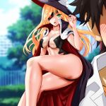  :o ass between_breasts black_cape black_hair black_headwear blonde_hair blurry blurry_background blush breasts cape cleavage collarbone english_commentary eyepatch green_eyes hat jamjamstyle kamijou_touma long_hair looking_at_viewer medium_breasts minigirl othinus photoshop_(medium) red_cape revealing_clothes solo_focus to_aru_majutsu_no_index tree two-tone_cape witch_hat 
