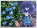  1girl blue_eyes blue_hair blue_pants blue_umbrella eevee flower gen_1_pokemon gold_tiara holding holding_umbrella looking_at_flowers loose_pants mei_(maysroom) pants pokemon sailor_collar sailor_shirt shirt short_hair stairs suiren_(pokemon) tiara umbrella vegetation walking white_shirt 