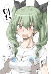  !? 1boy 1girl anchovy_(girls_und_panzer) bangs black_ribbon blush breasts bright_pupils commentary controller drill_hair elf_(stroll_in_the_woods) english_text game_controller girls_und_panzer green_hair hair_ribbon heart highres long_hair medium_breasts motion_lines open_mouth out_of_frame print_shirt red_eyes ribbon shirt short_sleeves simple_background spoken_interrobang sweat sweatdrop t-shirt translated twin_drills twintails upper_body white_background white_pupils 