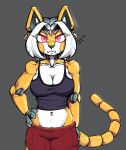  2020 anthro bell black_nose breasts clothing felid female glowing glowing_eyes grey_background hand_on_hip hi_res looking_at_viewer machine mammal navel robot shirt simple_background solo tank_top topwear waffl3sk4t yellow_body 
