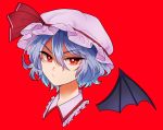 1girl :/ bat_wings blue_hair collar commentary_request diamond-shaped_pupils eyebrows_visible_through_hair frilled_shirt_collar frills furrowed_eyebrows hair_between_eyes hat hat_ribbon highres looking_at_viewer mito_(mo96g) mob_cap portrait purple_collar purple_headwear red_background red_eyes remilia_scarlet ribbon short_hair simple_background solo symbol-shaped_pupils touhou wings 