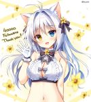  1girl :d aina_rive animal_ear_fluff animal_ears antenna_hair bangs bare_shoulders black_bow blue_eyes blush bow breasts brown_eyes cat_ears center_frills cleavage collarbone commentary_request crop_top eyebrows_visible_through_hair flower followers frills gloves grey_bow hair_between_eyes hair_intakes head_tilt heterochromia korean_commentary long_hair mauve medium_breasts navel open_mouth original shirt silver_hair sleeveless sleeveless_shirt smile solo thank_you twitter_username upper_body white_gloves white_shirt yellow_flower 
