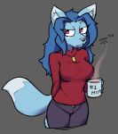  2020 anthro beverage black_nose blue_body bottomwear breasts canid canine clothing coffee cup cute_fangs eyelashes female fox grey_background hi_res inner_ear_fluff looking_aside mammal pants red_eyes shirt simple_background snout solo topwear tuft waffl3sk4t 