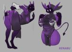  anus arm_grab bent_over breast_grab breasts butt clothed clothing clothing_aside demon duo female genitals hand_on_breast hi_res humanoid male male/female penis purple_body purple_ears purple_skin purple_tail pussy renabu solo_focus spade_tail wide_hips 