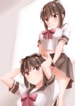  2girls bangs breasts brown_hair highres kamakama_(kdmorh_kamakama) multiple_girls original painttool_sai_(medium) panties photoshop_(medium) school_uniform serafuku short_sleeves skirt underwear yuri 