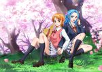  2girls :d bangs black_legwear blazer blue_hair blue_jacket bow brown_eyes brown_footwear cherry_blossoms commentary_request grass hair_ribbon highres holding_hands jacket long_hair looking_at_viewer loose_neckwear multiple_girls nami_(one_piece) nefertari_vivi one_piece open_mouth orange_hair parted_bangs petals pink_ribbon pink_vest pleated_skirt purple_eyes raida_(user_yypr5857) red_neckwear ribbon school_uniform shirt shoes short_hair sitting skirt smile tears tree vest white_shirt white_skirt 