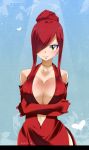 1girl absurdres artist_name bare_shoulders blue_background blush breasts brown_eyes choker cleavage collarbone crossed_arms dress elbow_gloves erza_scarlet fairy_tail gaston18 gloves hair_bun hair_over_one_eye heart highres large_breasts looking_at_viewer red_hair simple_background sleeveless smile solo standing upper_body watermark 