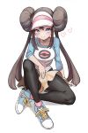  1girl absurdres blue_eyes blue_footwear blush brown_hair crossed_legs double_bun heart highres kiritzuguart long_hair looking_at_viewer mei_(pokemon) pantyhose pokemon pokemon_(game) pokemon_bw2 raglan_sleeves shorts simple_background sitting smile solo_focus twintails very_long_hair visor_cap white_background yellow_shorts 