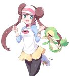  1girl :d bag black_legwear blue_eyes brown_hair double_bun fist_pump full_body gen_5_pokemon hair_between_eyes hands_up highres long_hair mei_(maysroom) mei_(pokemon) open_mouth pantyhose pokemon pokemon_(game) pokemon_bw2 raglan_sleeves shoes shorts simple_background smile sneakers snivy solo standing teeth twintails upper_teeth visor_cap white_background yellow_shorts 