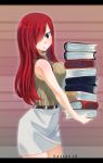  1girl absurdres artist_name bare_shoulders belt belt_buckle blush book breasts brown_eyes buckle cowboy_shot erza_scarlet fairy_tail gaston18 hair_over_one_eye highres holding holding_book large_breasts long_hair looking_at_viewer red_hair skirt sleeveless solo standing watermark 
